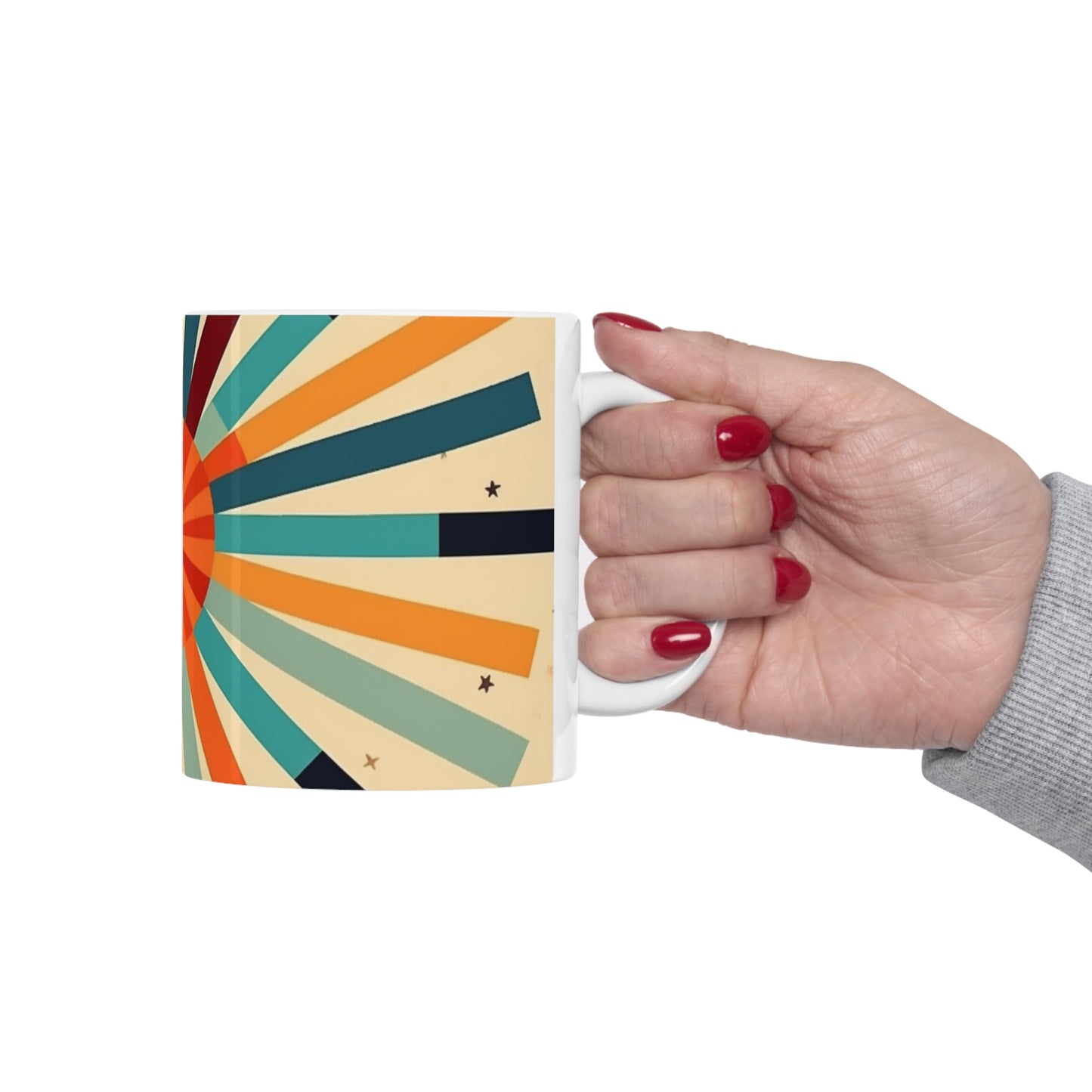 Swinging Sixties: 1960s Fashion-Inspired Coffee Mug with Abstract Art and Starburst Candy Colors