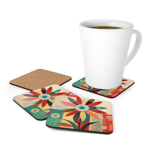 Floral Delight: Atomic Age Corkwood Coaster Set with Vintage Fashion and Flower Drawings