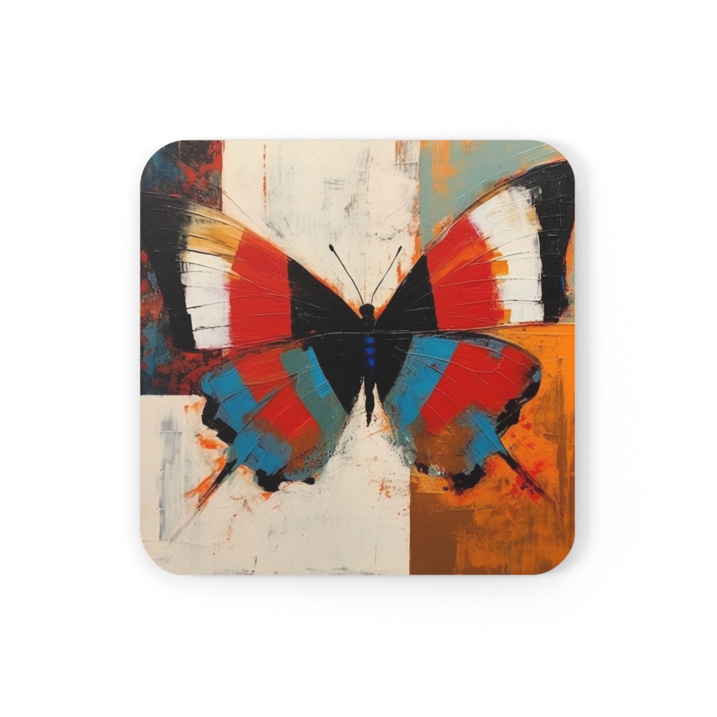 Bauhaus-Inspired Butterfly Symphony: Corkwood Coaster Set with Vibrant Colors and Intricate Details