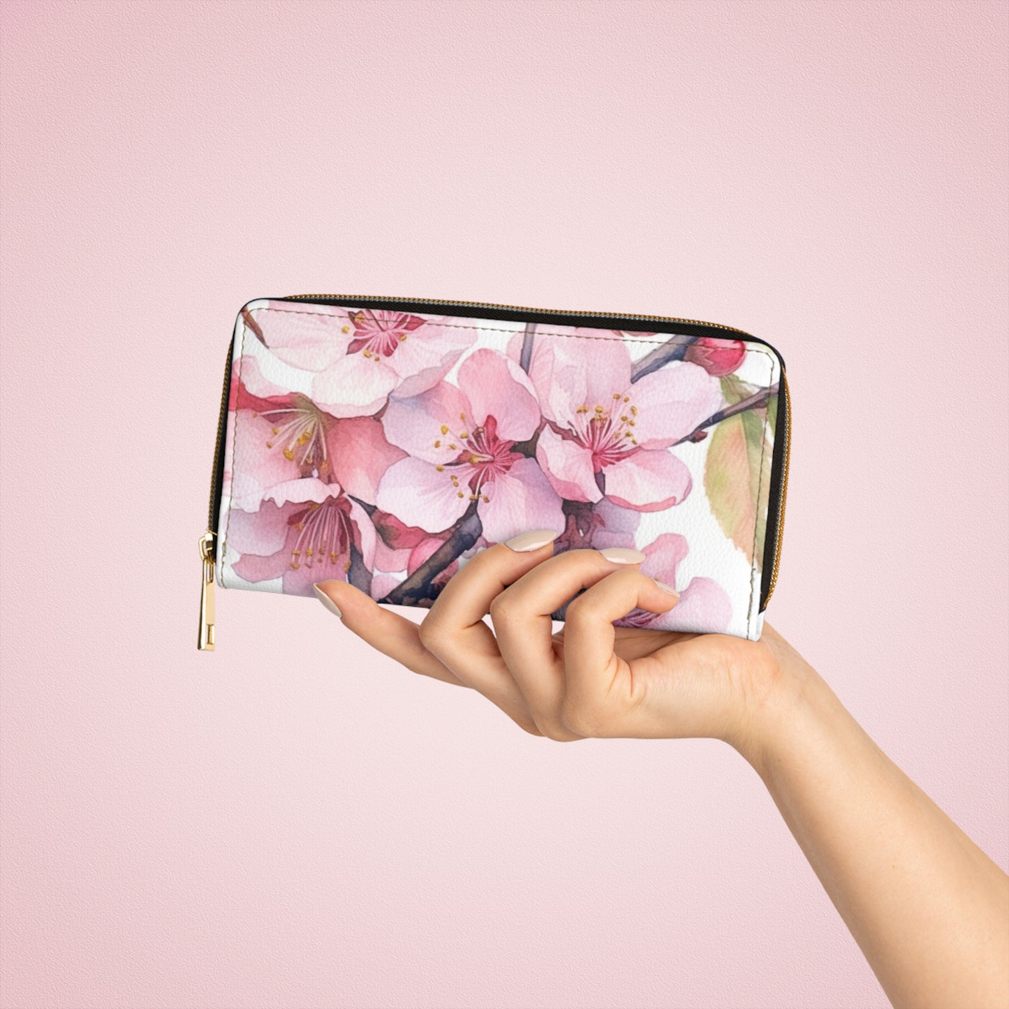 Whimsical Delight: Watercolor Cherry Blossom Tree Zipper Wallet