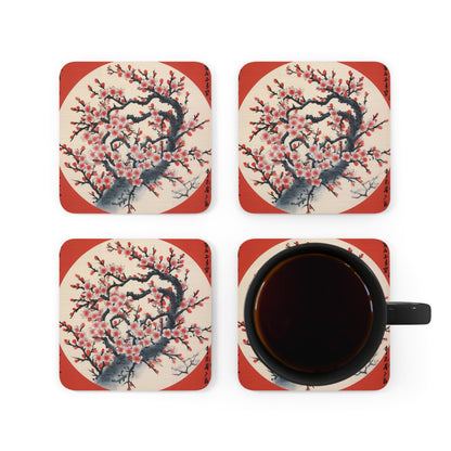 Enchanting Petal Symphony: Corkwood Coaster Set Celebrating Cherry Blossom Tree Drawings