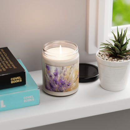 Expressive Lavender Drawing on Scented Soy Candle: A Symphony of Colors and Petals