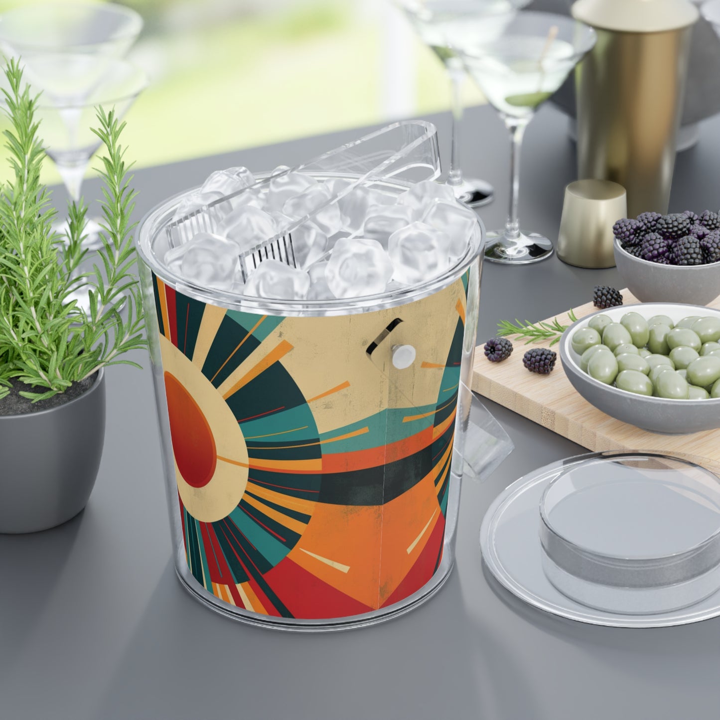 Minimalist Sunshine: Midcentury Modern Sun Ice Bucket with Tongs