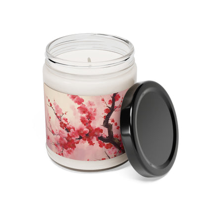 Artistic Floral Elegance: Scented Soy Candle Showcasing Exquisite Cherry Blossom Renderings