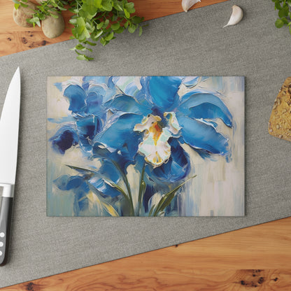 Embrace Artistic Expression with Blue Orchid Abstract Painting Glass Cutting Board
