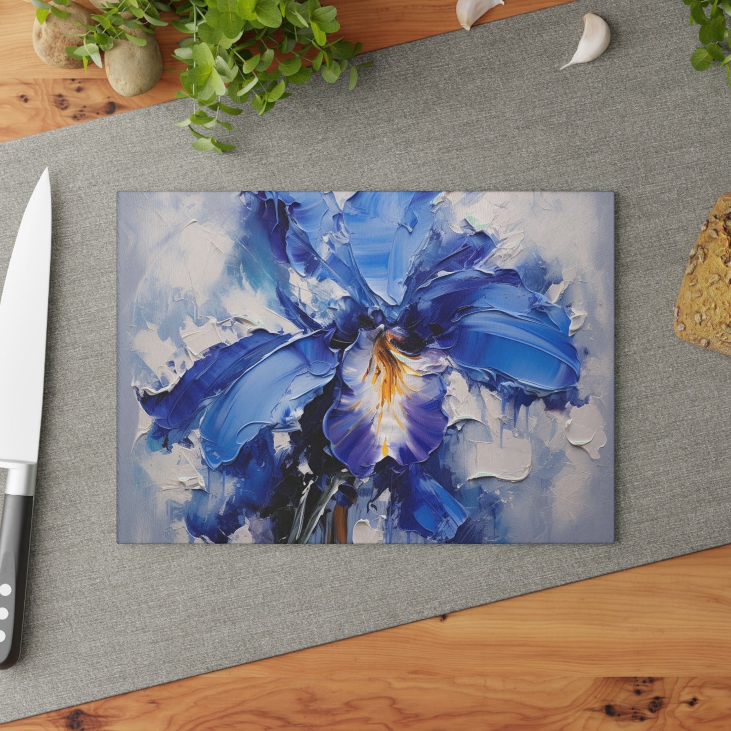 Blue Orchid Serenity: Abstract Oil Paintings Glass Cutting Board Collection