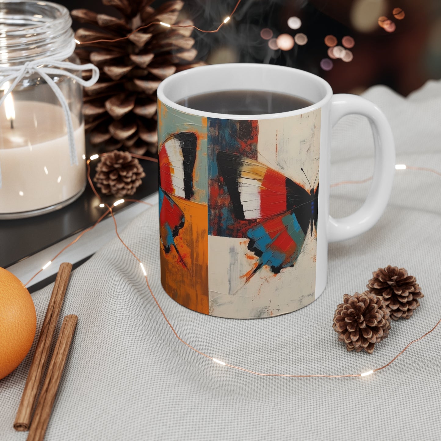 Bauhaus Butterfly Symphony: Ceramic Mug with Vibrant Colors and Intricate Details