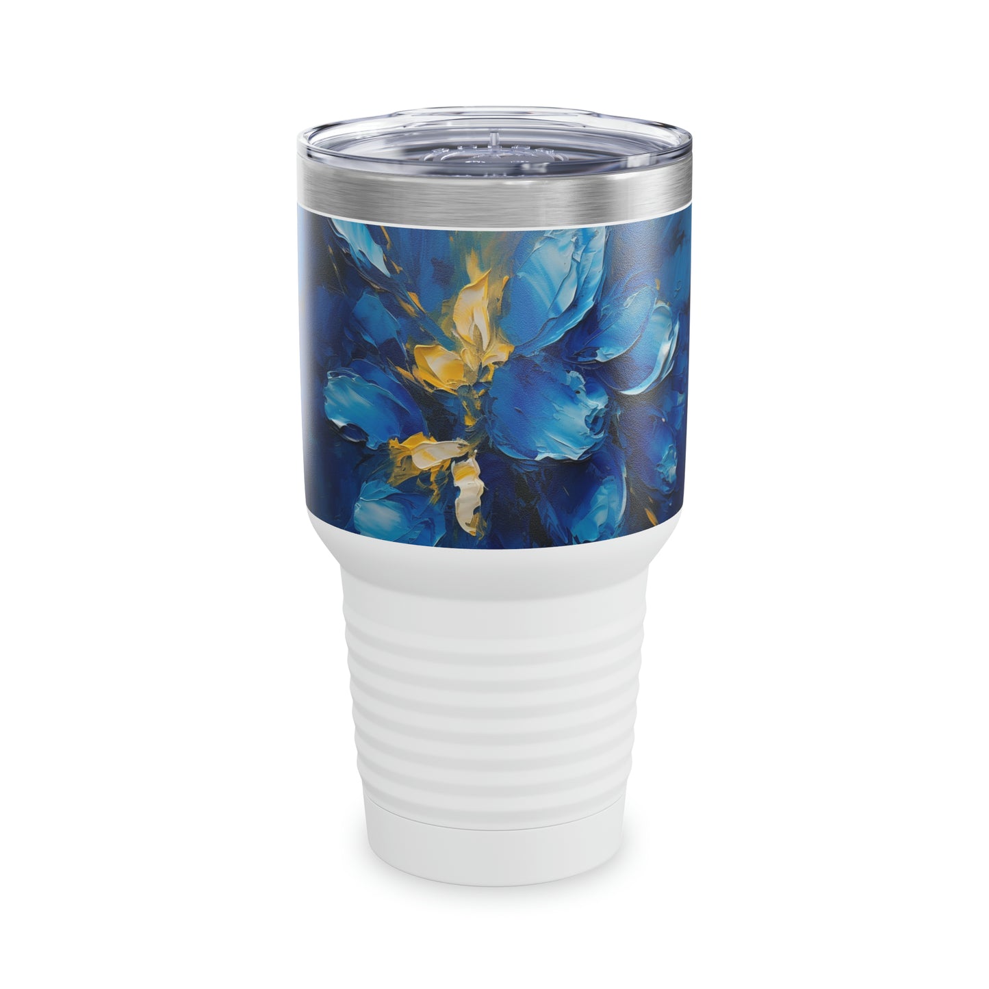 Captivating Artistry: Blue Orchid Abstract Painting Ringneck Tumbler, Discover the Beauty of Abstract Brush Strokes