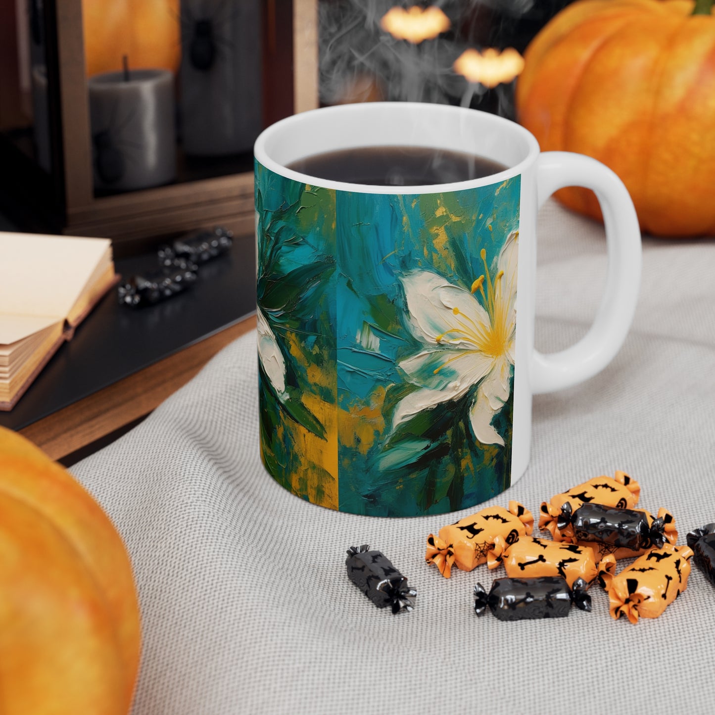 Floral Symphony: Ceramic Mug featuring an Abstract Oil Painting of Jasmine