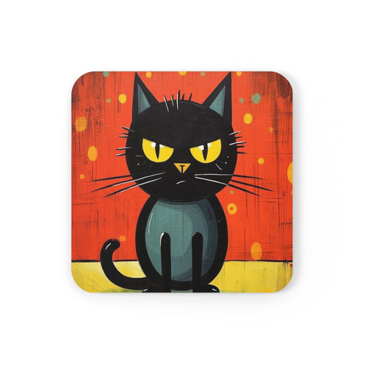 Fashionably Retro Feline: Midcentury Modern Corkwood Coaster Set with a Vintage Cat-Inspired Flair