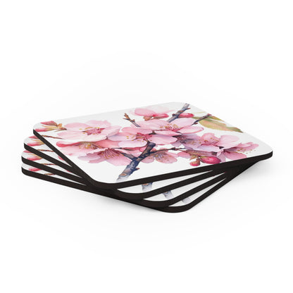 Whimsical Delight: Watercolor Cherry Blossom Tree Corkwood Coaster Set