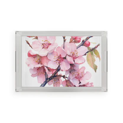 Whimsical Delight: Watercolor Cherry Blossom Tree Acrylic Serving Tray