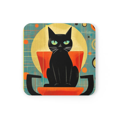 Abstract Cat Expressions: Modern Art-Inspired Midcentury Modern Corkwood Coaster Set with Timeless Atomic Age Design