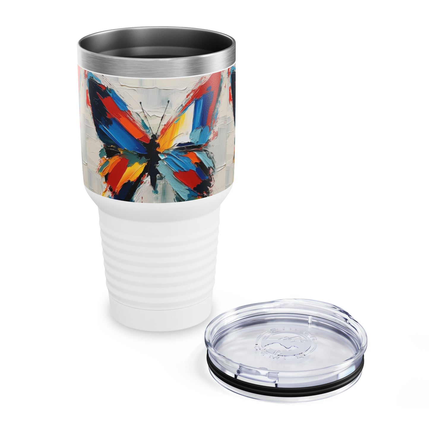 Abstract Art Lovers: Ringneck Tumbler with Bauhaus-Inspired Butterfly Delight