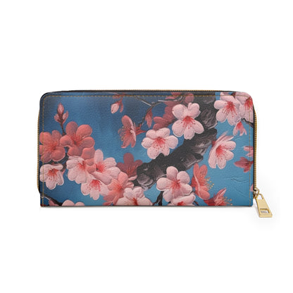 Elegant Floral Impressions: Zipper Wallet Featuring Refined Cherry Blossom Drawings