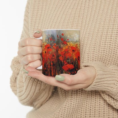 Whimsical Poppy Art on Ceramic Mug: A Burst of Joy with Every Sip