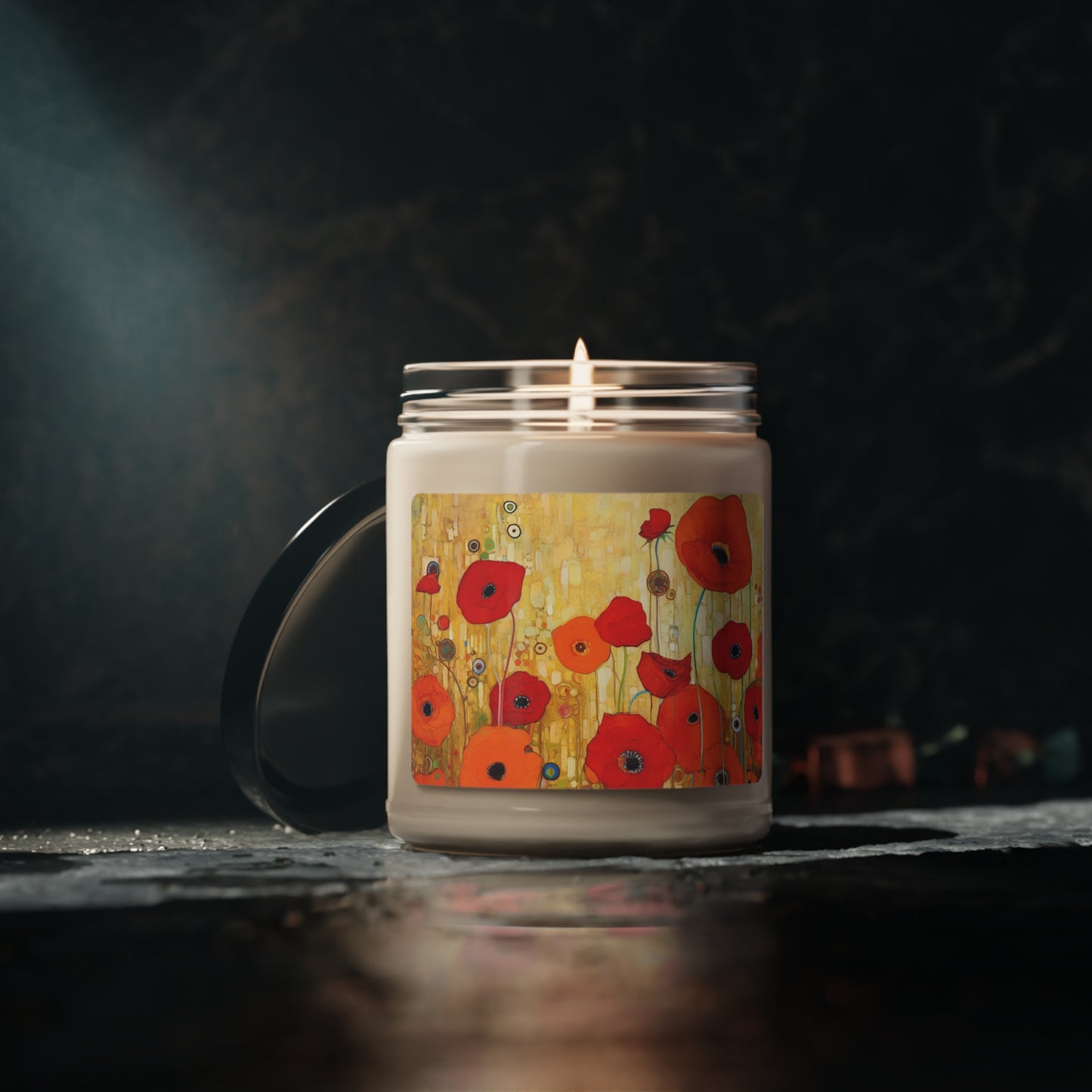 Floral Symphony: Scented Soy Candle showcasing Gustav Klimt's Poppies in Art Nouveau