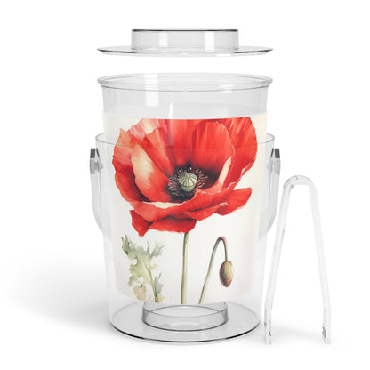 Artistic Watercolor Poppy Ice Bucket with Tongs: Nature's Splendor