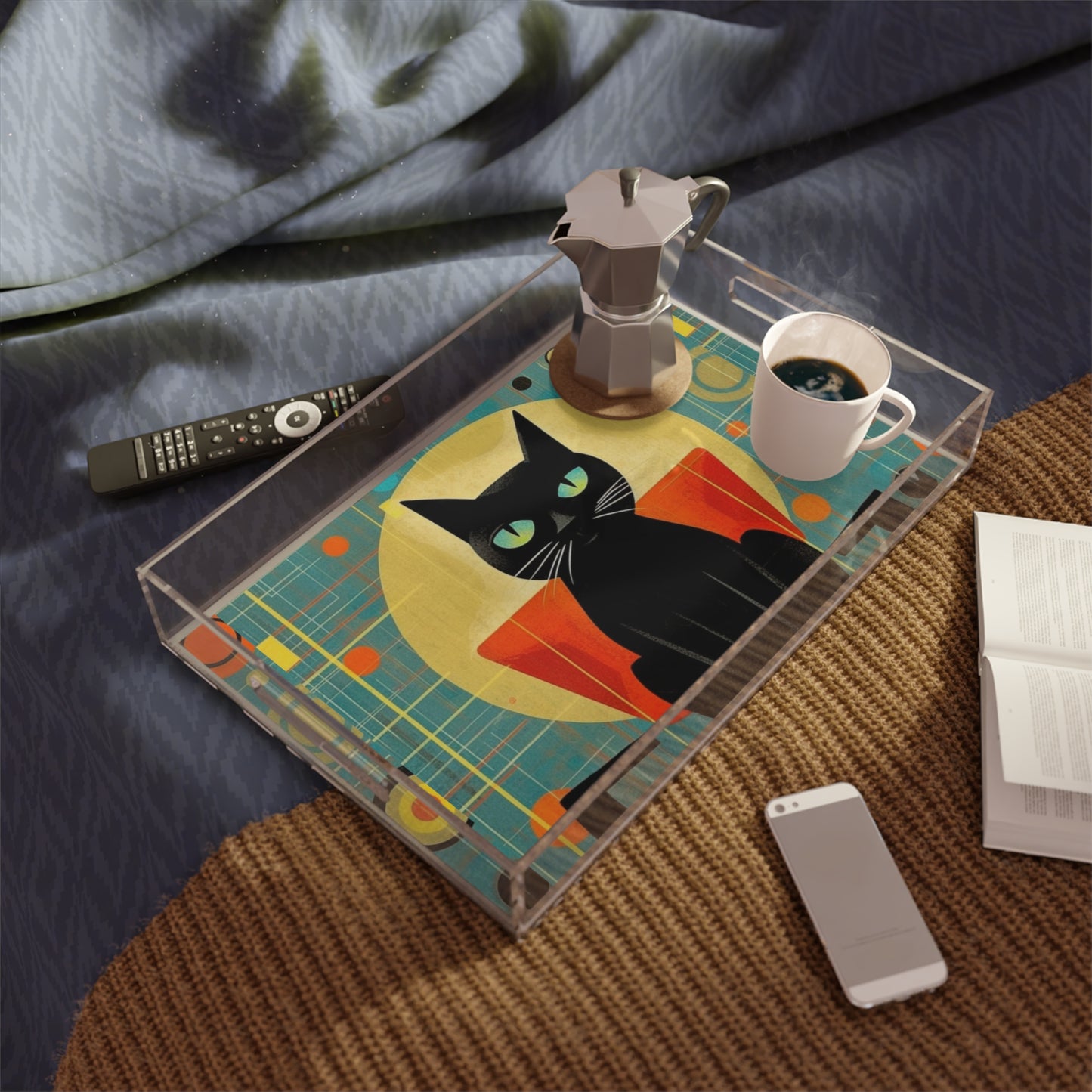 Abstract Cat Expressions: Modern Art-Inspired Midcentury Modern Acrylic Serving Tray with Timeless Atomic Age Design