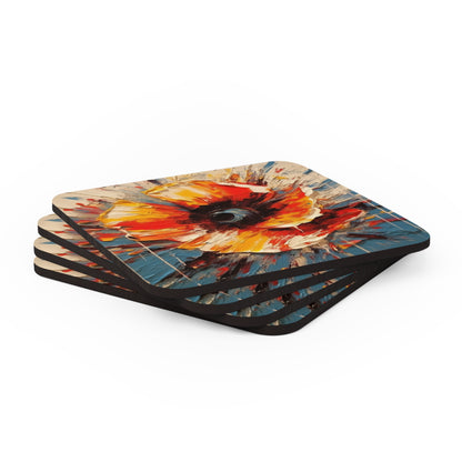 Poppy Symphony: Corkwood Coaster Set with Abstract Floral Artwork