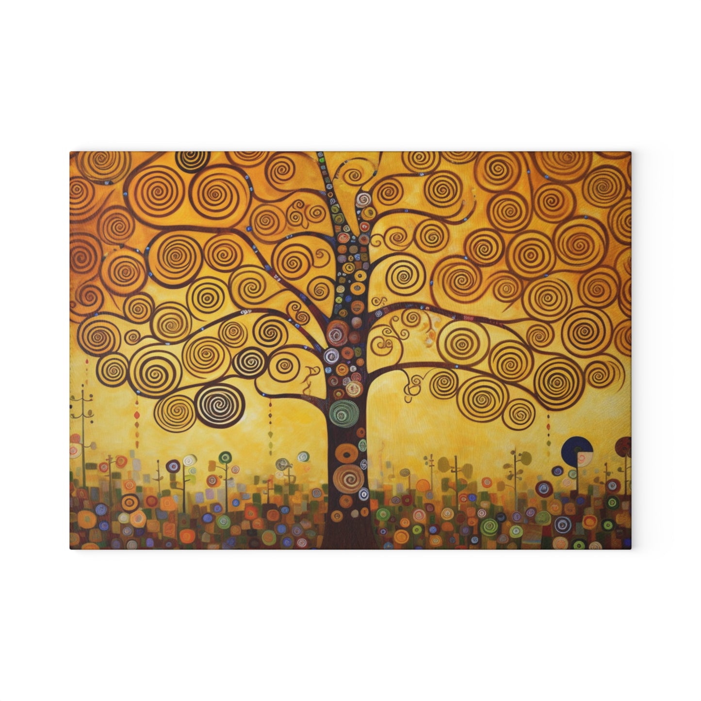 Symbolic Harmony: Gustav Klimt Tree of Life Glass Cutting Board, Embrace Artistic Elegance