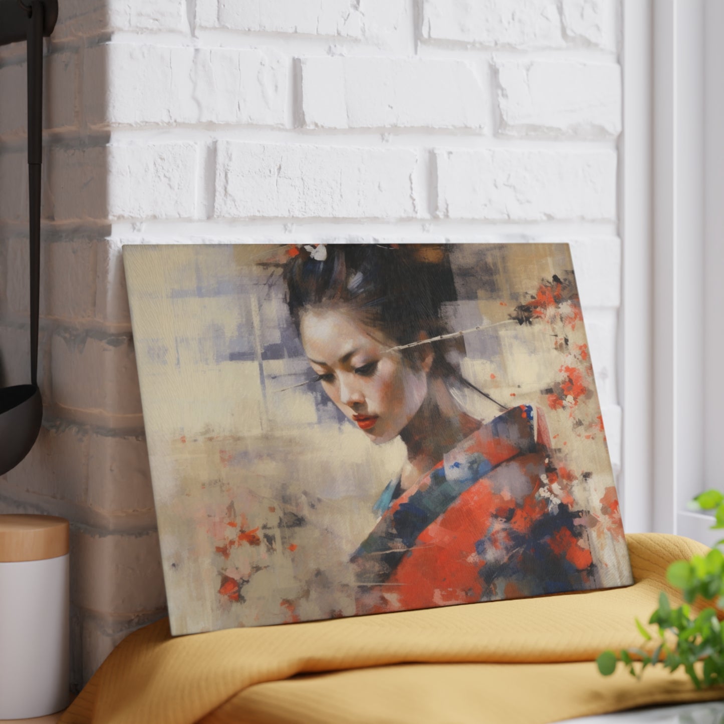 Japanese-Inspired Abstract Oil Painting Glass Cutting Board: Celebrating Geisha Beauty