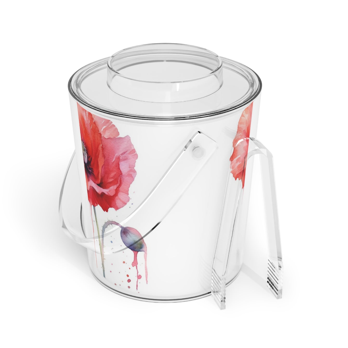 Poppy-Inspired Watercolor Ice Bucket with Tongs: A Delicate Blend of Art