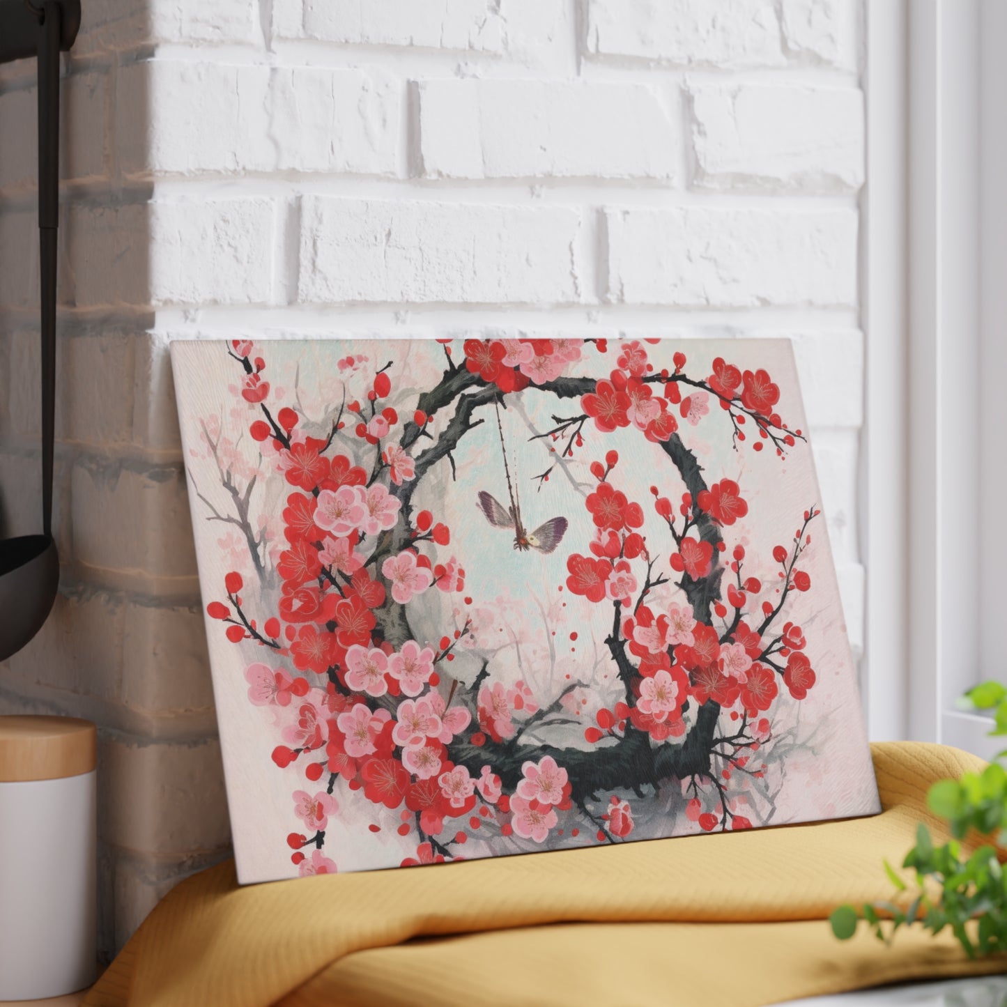 Cherry Blossom Delight: Glass Cutting Board Adorned with Intricate Flower Drawings and Artistry