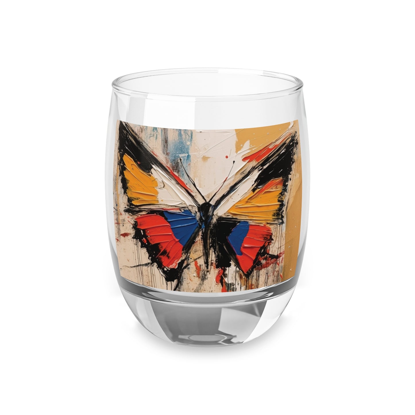 Abstract Bauhaus Design: Whiskey Glass with Butterfly-Inspired Brush Strokes