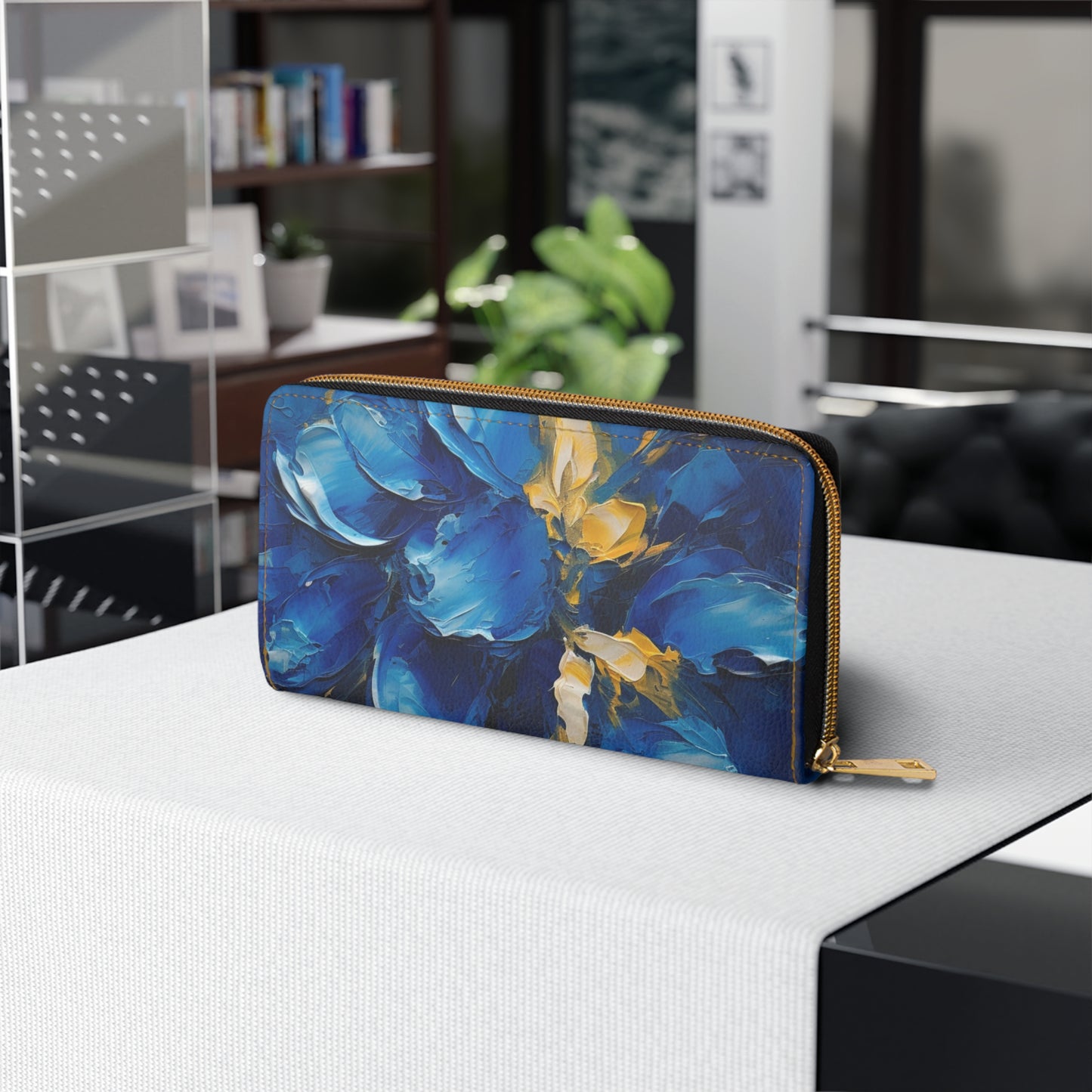 Abstract Wallpaper Zipper Wallet: Immersive Floral Beauty with Blue Orchid Motif