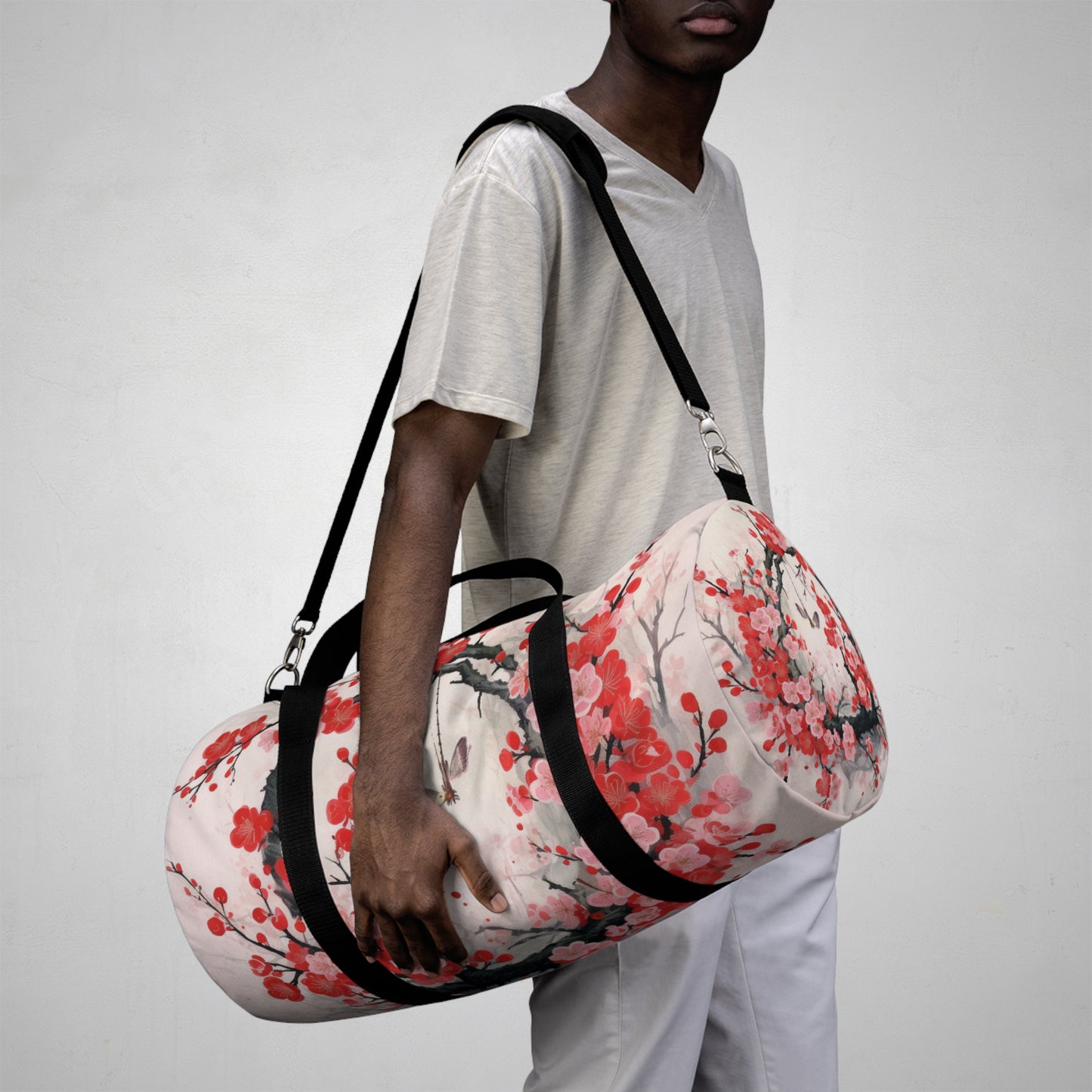 Cherry Blossom Delight: Duffel Bag Adorned with Intricate Flower Drawings and Artistry