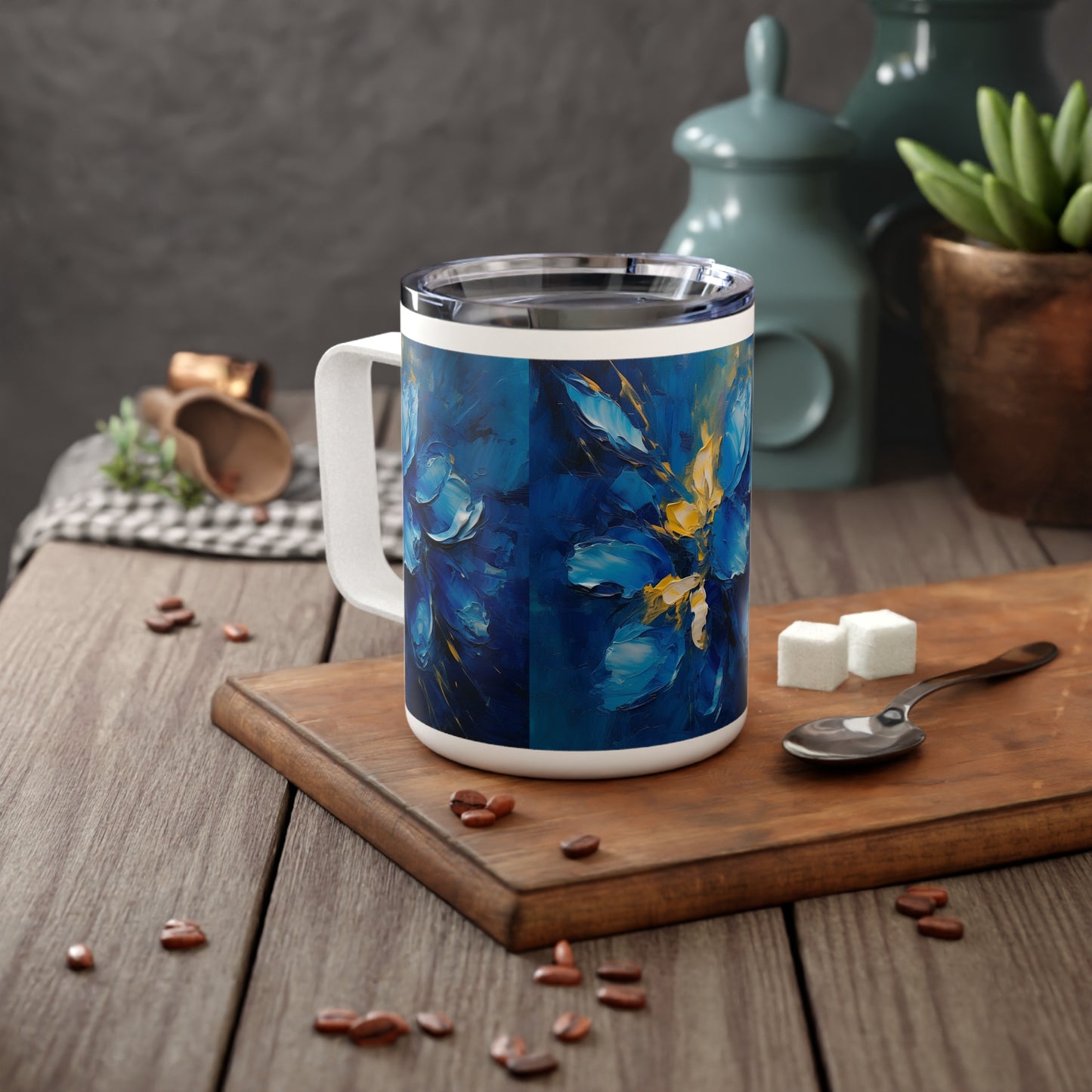 Abstract Wallpaper Insulated Coffee Mug: Immersive Floral Beauty with Blue Orchid Motif