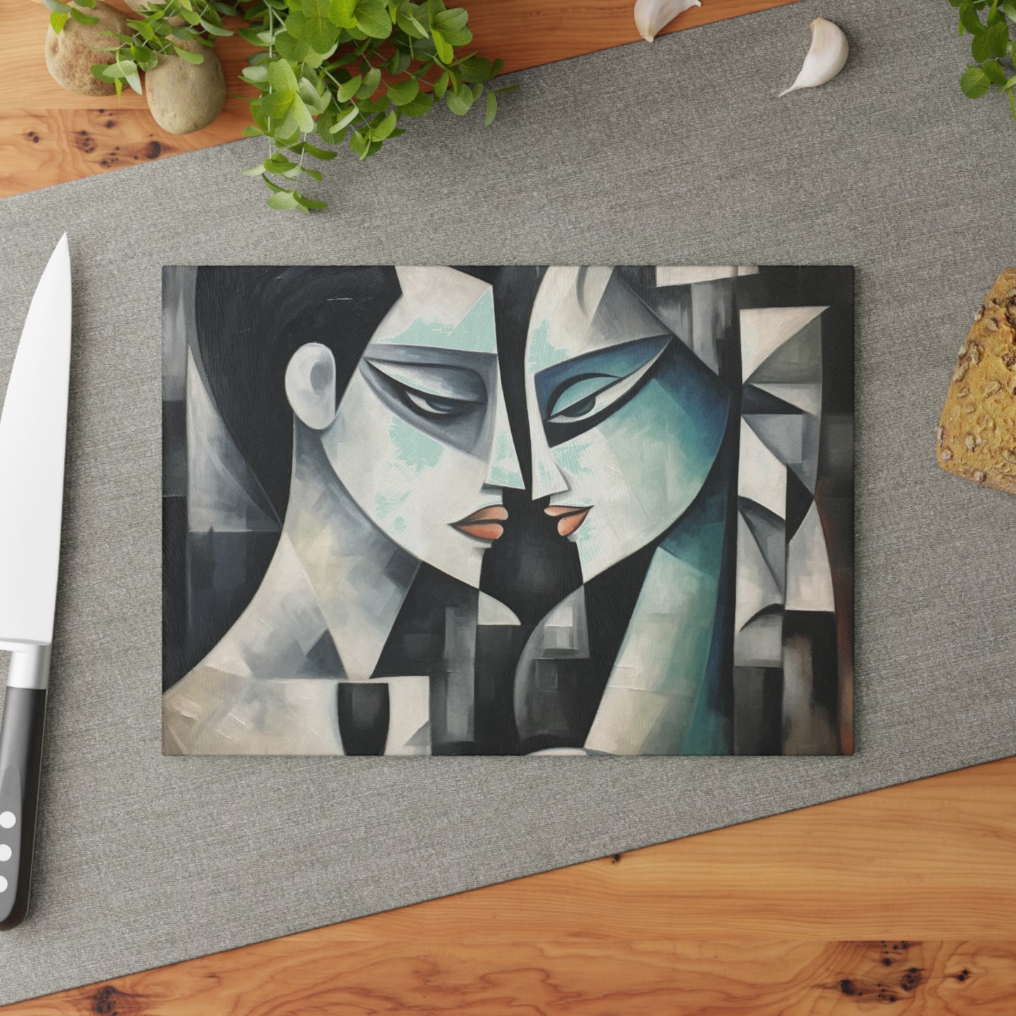 Glass Cutting Board with Cubist Art: Artistic Finesse and Abstract Flair