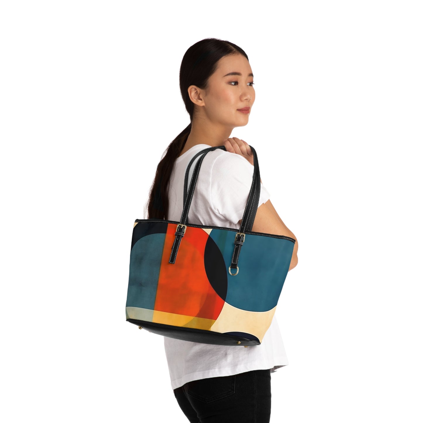 Modern Abstract Geometric Fusion: PU Leather Shoulder Bag with Midcentury Design