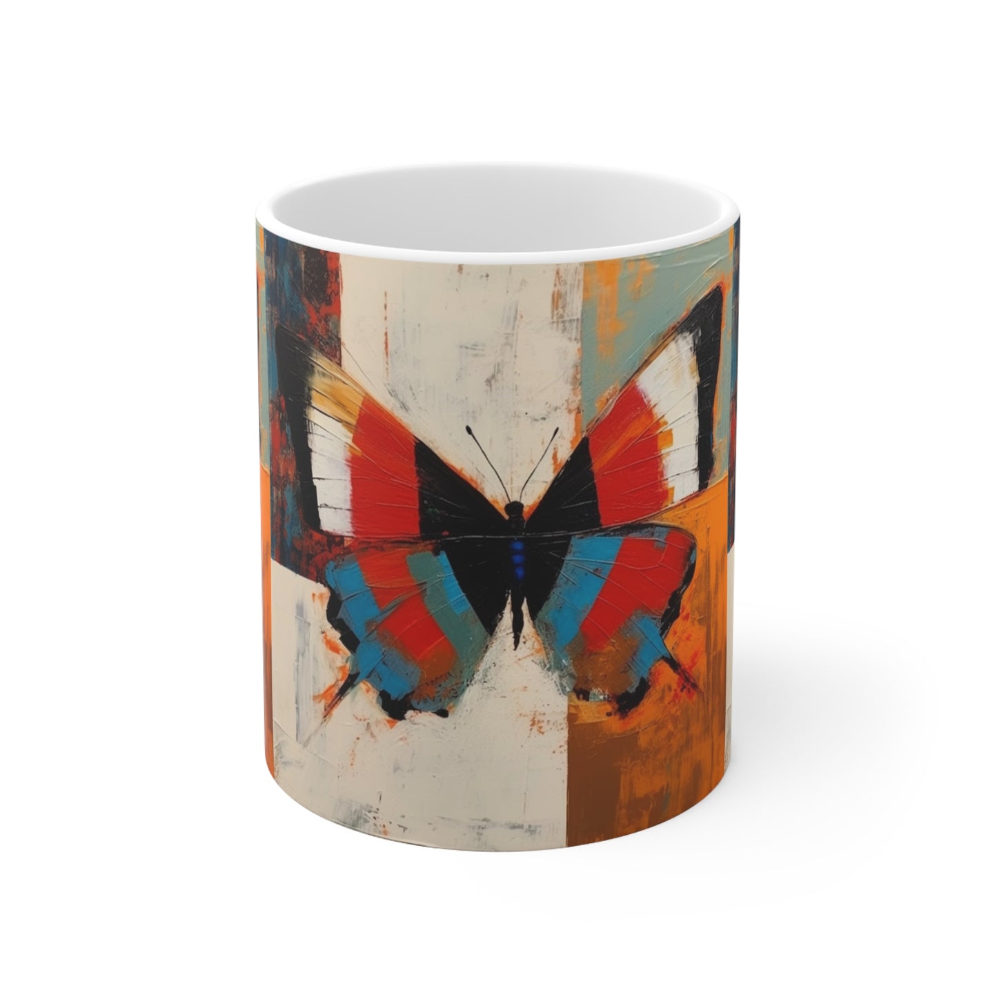 Bauhaus Butterfly Symphony: Ceramic Mug with Vibrant Colors and Intricate Details