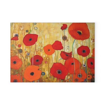 Floral Symphony: Glass Cutting Board showcasing Gustav Klimt's Poppies in Art Nouveau