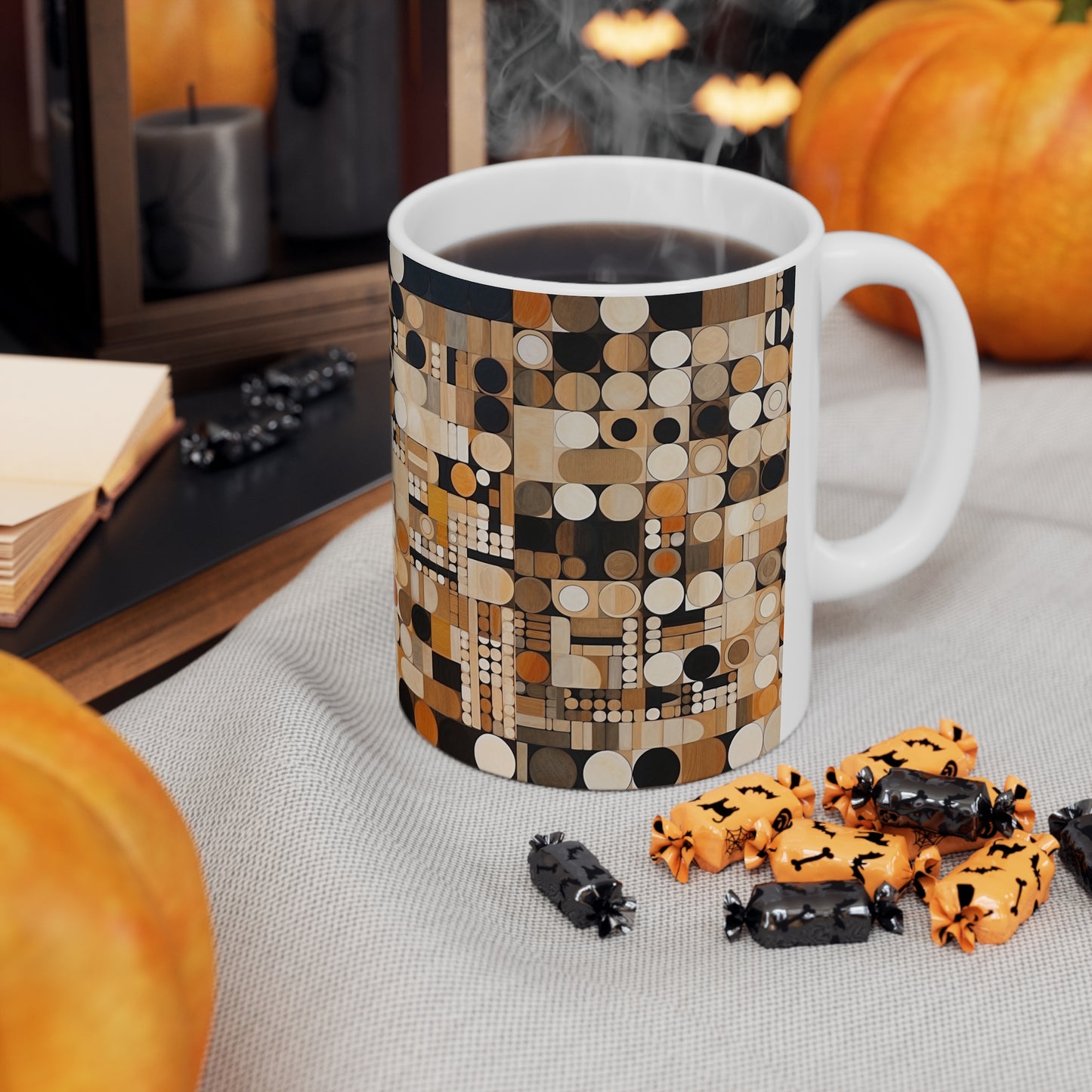 Earthy Grid Ceramic Mug: Graphic Black and White with Earthy Palette