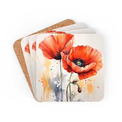 Whimsical Poppy Flower Watercolor Corkwood Coaster Set: An Artistic Delight
