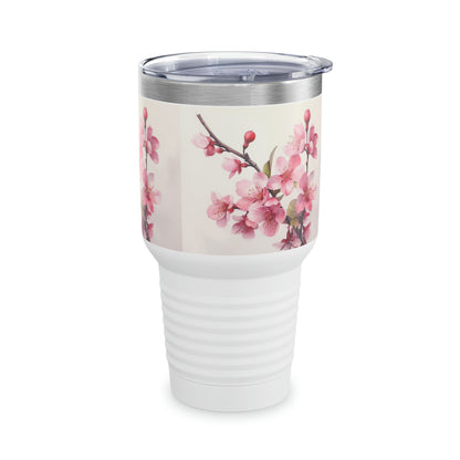 Artistic Elegance: Ringneck Tumbler with Watercolor Drawing of a Cherry Blossom