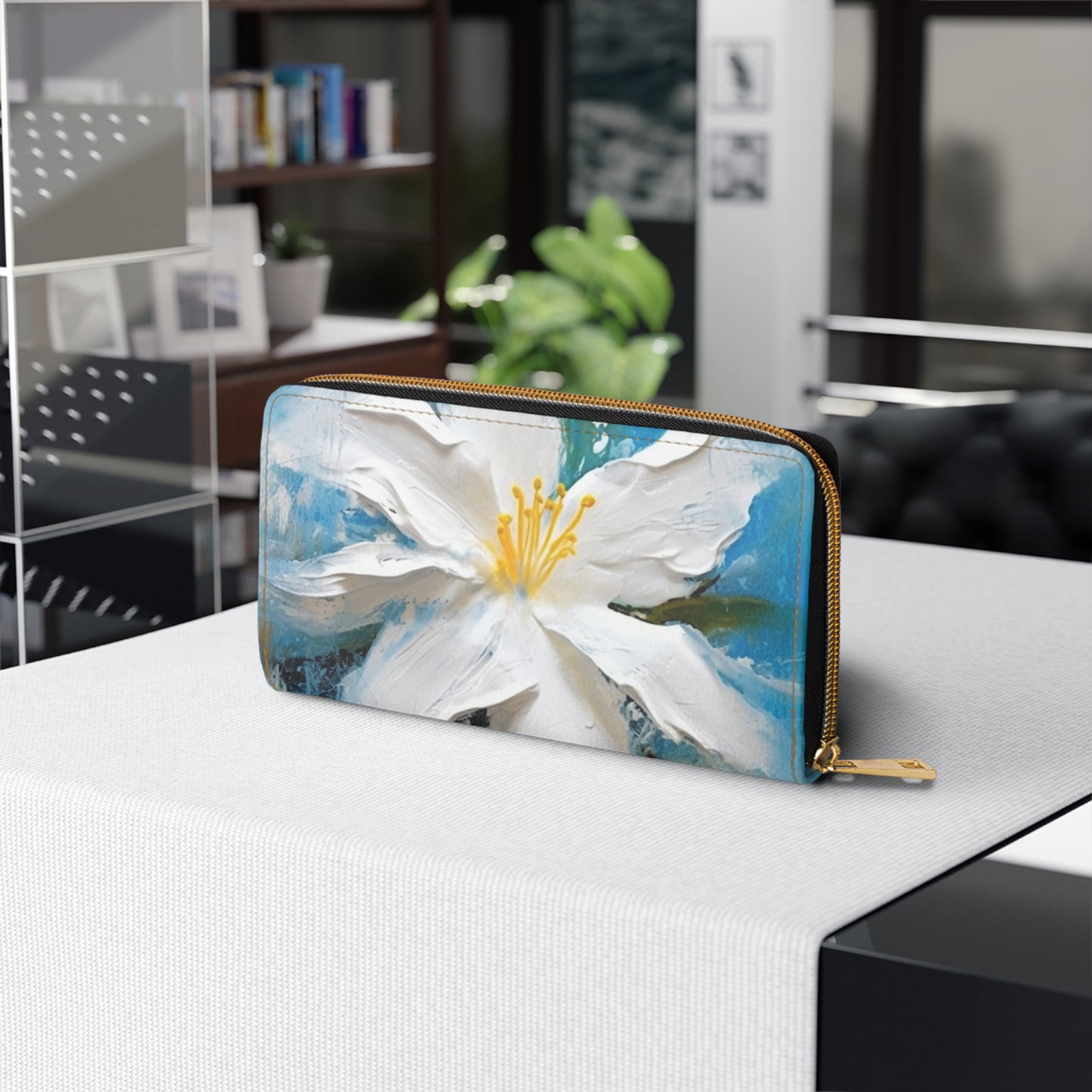 Ethereal Elegance: Zipper Wallet featuring an Abstract Oil Painting of Jasmine