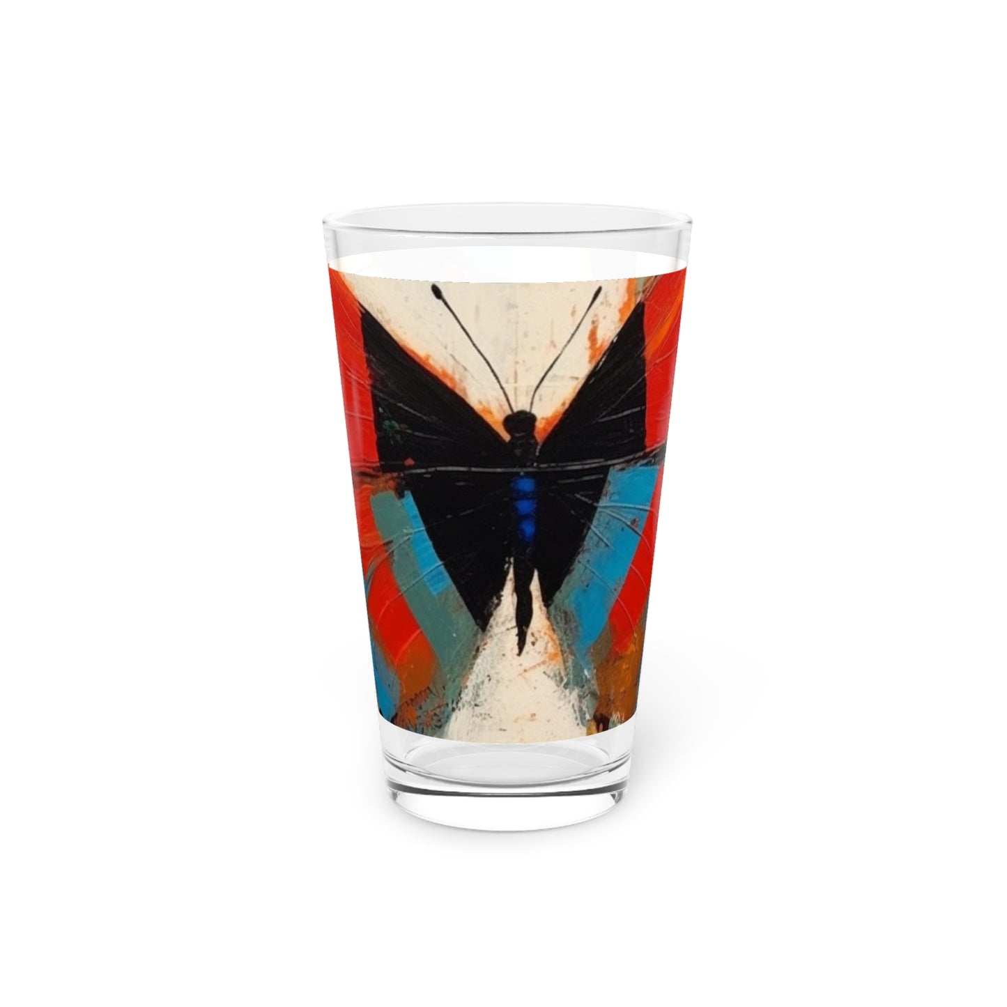 Bauhaus-Inspired Butterfly Symphony: Pint Glass with Vibrant Colors and Intricate Details