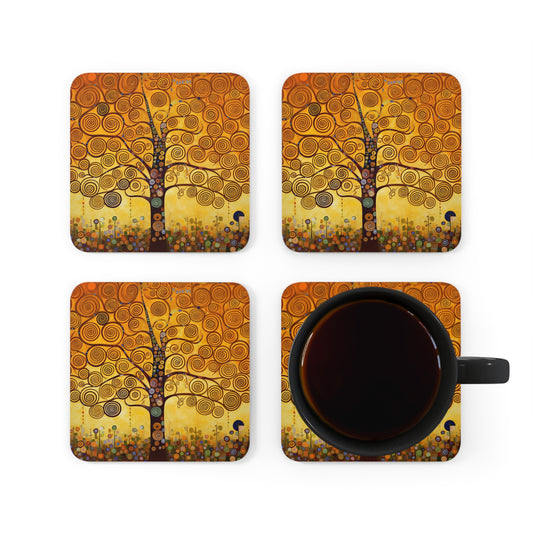 Symbolic Harmony: Gustav Klimt Tree of Life Corkwood Coaster Set, Embrace Artistic Elegance