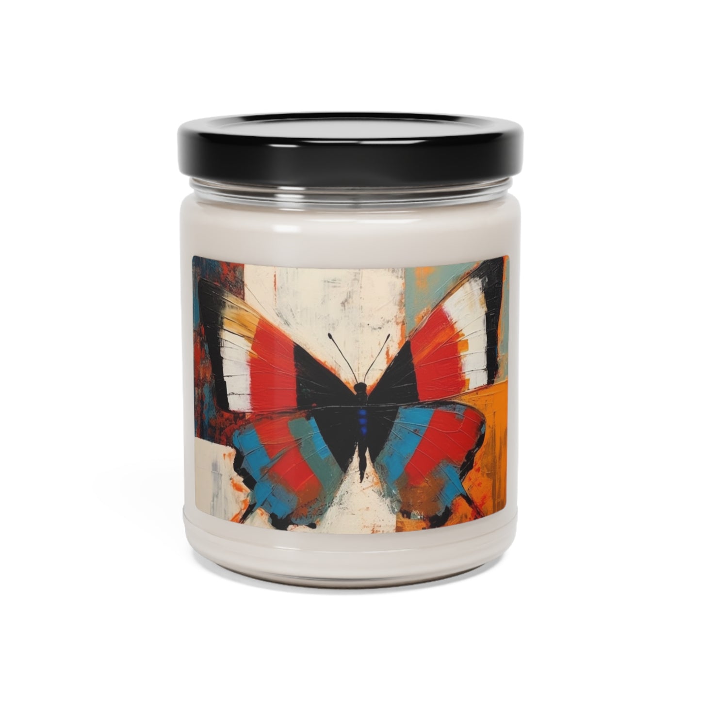 Bauhaus-Inspired Butterfly Symphony: Scented Soy Candle with Vibrant Colors and Intricate Details