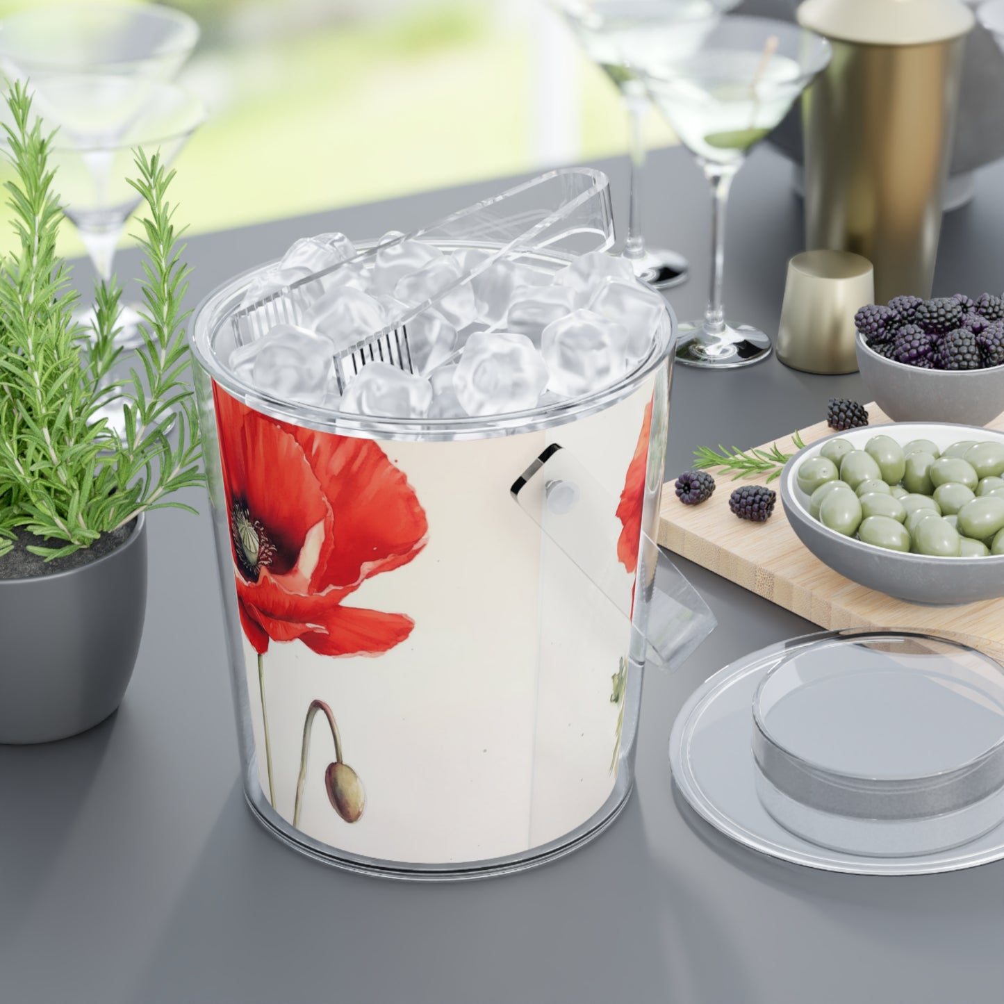 Artistic Watercolor Poppy Ice Bucket with Tongs: Nature's Splendor