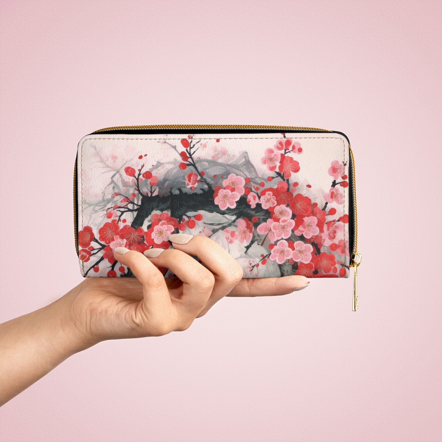Cherry Blossom Delight: Zipper Wallet Adorned with Intricate Flower Drawings and Artistry
