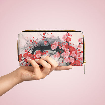 Cherry Blossom Delight: Zipper Wallet Adorned with Intricate Flower Drawings and Artistry