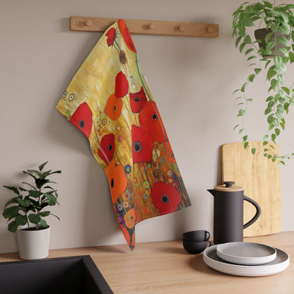 Floral Symphony: Kitchen Towel showcasing Gustav Klimt's Poppies in Art Nouveau