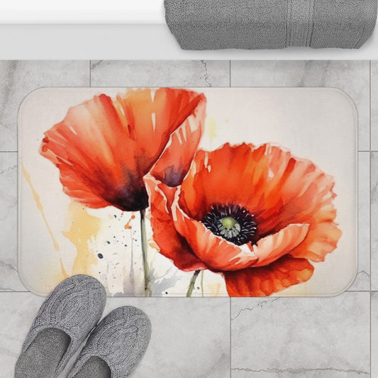 Whimsical Poppy Flower Watercolor Bathmat: An Artistic Delight