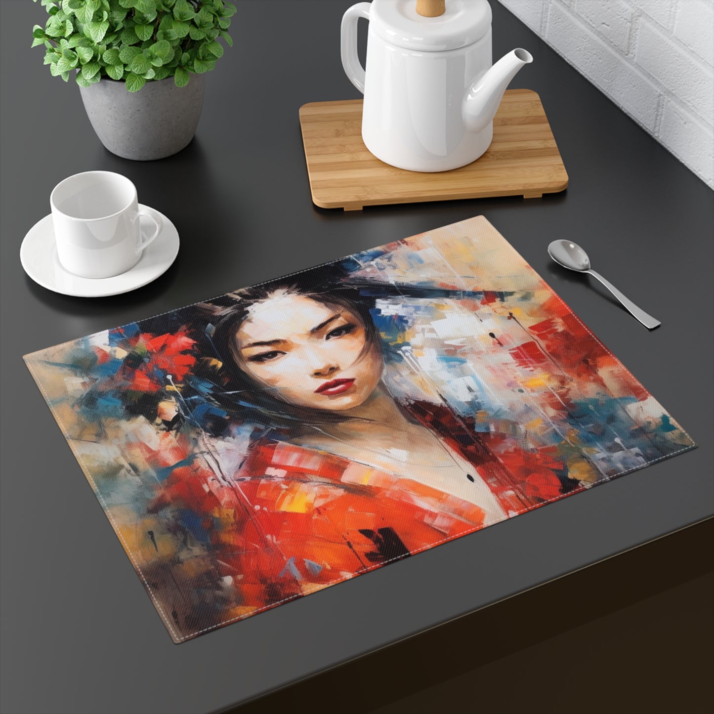 Abstract Geisha Art Placemat: Captivating Brushstrokes in a Japanese Aesthetic