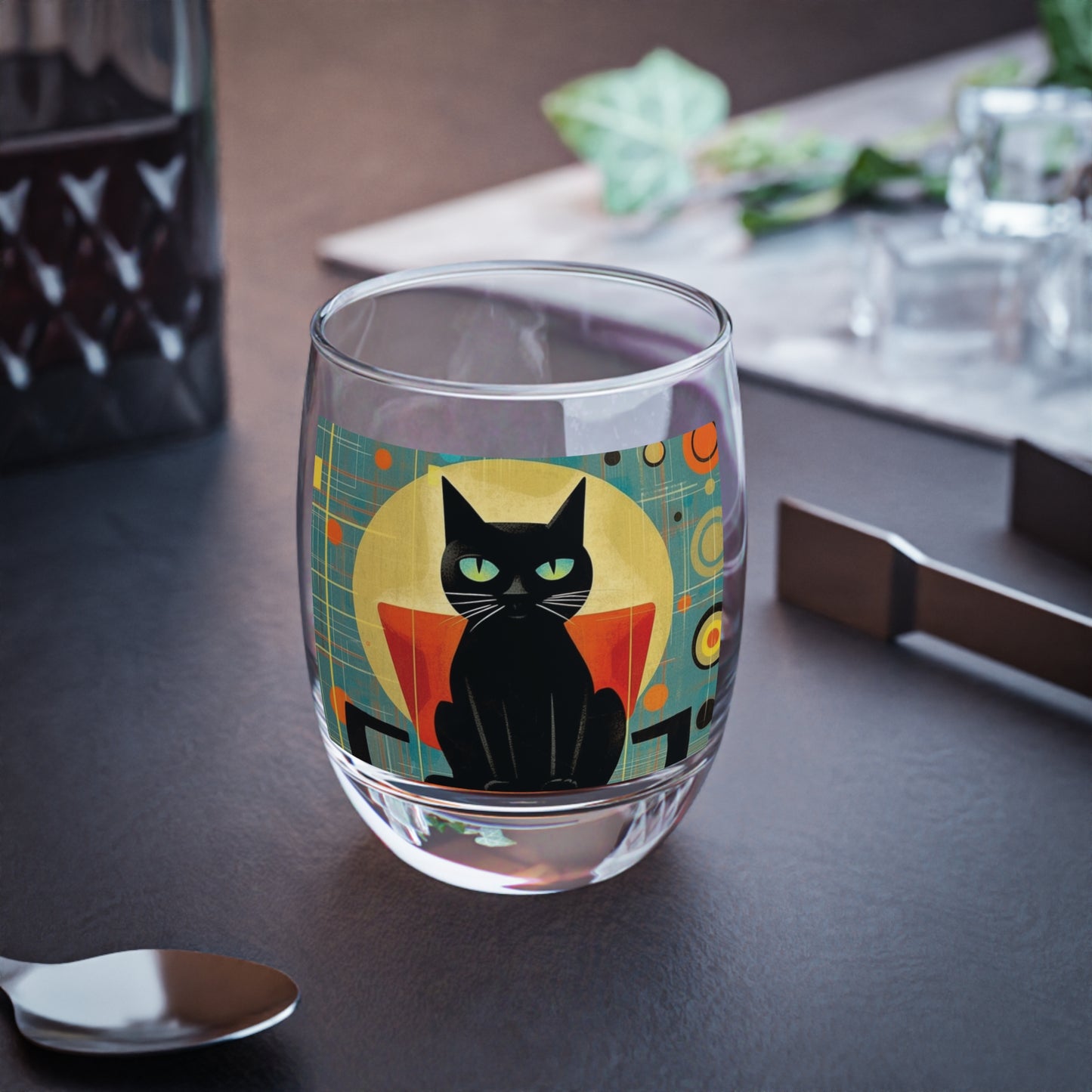 Abstract Cat Expressions: Modern Art-Inspired Midcentury Modern Whiskey Glass with Timeless Atomic Age Design